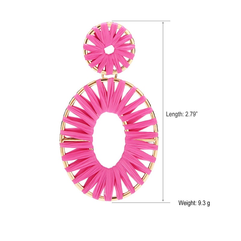 BaubleStar Kiera Raffia Tassel Fringe Rattan Hoop Drop Statement Earrings Hot Pink Tiered Thread Handmade Round Oval Cirle Dangle Fashion Jewelry for Women - Image 4